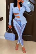 Blue Sexy Solid Mesh Turndown Collar Long Sleeve Two Pieces