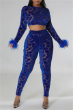 Blue Sexy Casual Patchwork Feathers O Neck Long Sleeve Two Pieces