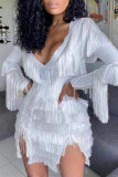 White Sexy Solid Tassel Patchwork V Neck Long Sleeve Dresses