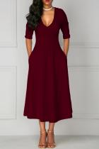 Burgundy Street Solid Patchwork V Neck Waist Skirt Dresses