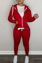Red Casual Letter Print Patchwork Hooded Collar Long Sleeve Two Pieces