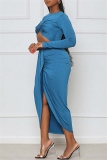 Blue Sexy Casual Solid Hollowed Out Asymmetrical O Neck Long Sleeve Dresses
