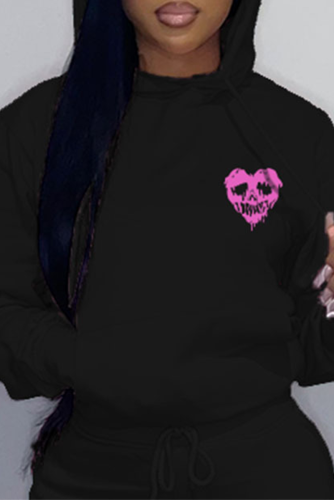 Black Casual Print Patchwork Hooded Collar Tops