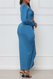 Blue Sexy Casual Solid Hollowed Out Asymmetrical O Neck Long Sleeve Dresses