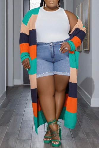 Green Colorblock Plus Size Knit Striped Cardigan Women's Casual Open Front Long Sleeve Sweater with Pocket Winter Wear Long Overcoat for Work, Date or Leisure