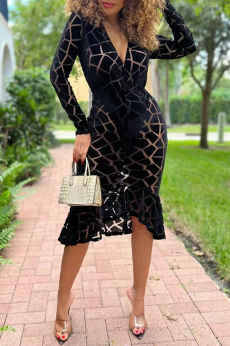 Black Sexy Casual Solid Patchwork V Neck Long Sleeve Dresses