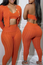 Orange Fashion Sexy Casual Solid Cardigan Vests Pants Long Sleeve Three-piece Set
