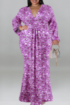 Purple Casual Print Patchwork V Neck Long Sleeve Plus Size Dresses
