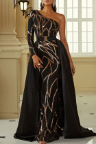 Black Gold Sexy Formal Patchwork Backless Oblique Collar Evening Dress Dresses