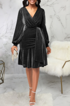 Black Casual Solid Bandage V Neck Waist Skirt Dresses