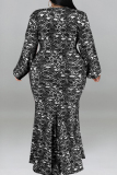 Black Casual Print Patchwork V Neck Long Sleeve Plus Size Dresses