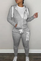 Grey Casual Daily Letter Print Patchwork Hooded Collar Long Sleeve Two Pieces