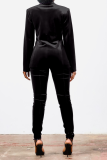 Black Street Solid Patchwork Turndown Collar Long Sleeve Two Pieces