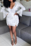White Sexy Solid Tassel Patchwork V Neck Long Sleeve Dresses