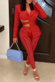 Red Sexy Solid Mesh Turndown Collar Long Sleeve Two Pieces