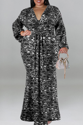 Black Casual Print Patchwork V Neck Long Sleeve Plus Size Dresses
