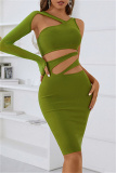 Green Sexy Solid Hollowed Out Patchwork Oblique Collar Irregular Dress Dresses