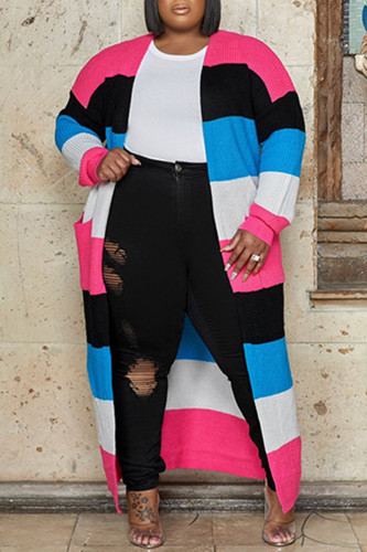 Rose Red Colorblock Plus Size Knit Striped Cardigan Women's Casual Open Front Long Sleeve Sweater with Pocket Winter Wear Long Overcoat for Work, Date or Leisure