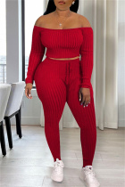 Red Casual Solid Backless Off the Shoulder Long Sleeve Two Pieces