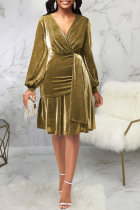 Gold Casual Solid Bandage V Neck Waist Skirt Dresses