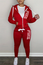 Red Casual Daily Letter Print Patchwork Hooded Collar Long Sleeve Two Pieces