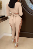 Khaki Sexy Solid Mesh Turndown Collar Long Sleeve Two Pieces
