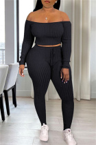 Black Casual Solid Backless Off the Shoulder Long Sleeve Two Pieces