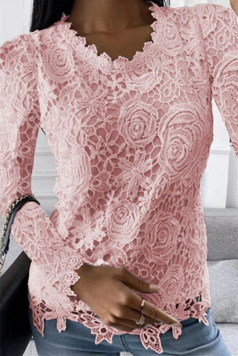 Pink Casual Solid Patchwork O Neck Tops