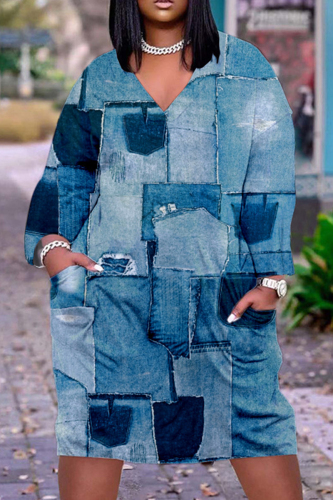 Blue Casual Print Patchwork V Neck Long Sleeve Dresses