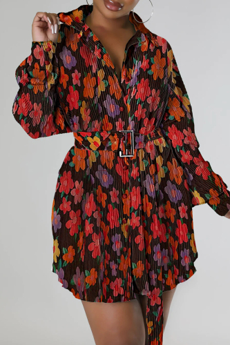 Black Casual Print Patchwork Turndown Collar Long Sleeve Dresses