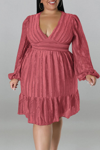 Brick Red Casual Solid Patchwork Fold V Neck Straight Dresses