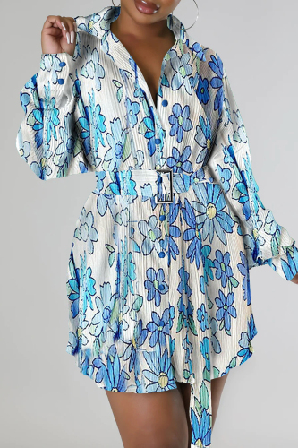 Blue Casual Print Patchwork Turndown Collar Long Sleeve Dresses