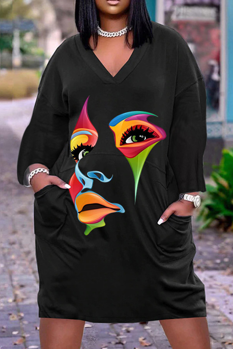 Fashion Black Casual Print Patchwork V Neck Long Sleeve Dresses For ...