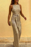 Burgundy Elegant Solid Sequined With Belt O Neck Straight Jumpsuits
