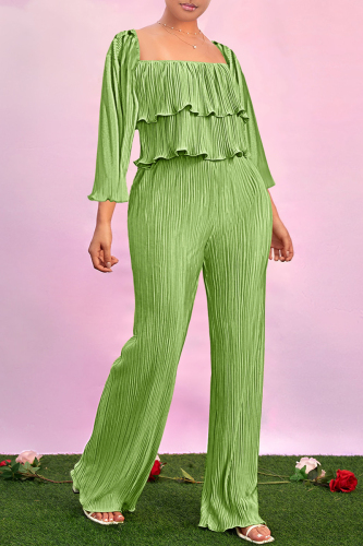 Green Yellow Casual Solid Patchwork Square Collar Long Sleeve Two Pieces