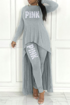 Grey Casual Letter Print Asymmetrical O Neck Long Sleeve Two Pieces