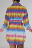 Multi-color Casual Print Patchwork Turndown Collar Long Sleeve Dresses