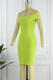 Fluorescent Green Sexy Formal Solid Patchwork Backless Off the Shoulder One Step Skirt Dresses