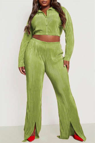 Green Yellow Casual Solid Patchwork Turndown Collar Long Sleeve Two Pieces