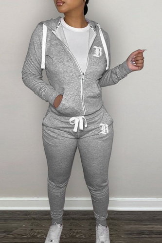 Grey Casual Print Draw String Hooded Collar Long Sleeve Two Pieces