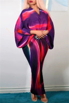 Fuchsia Casual Print Patchwork V Neck Pencil Skirt Plus Size Dresses