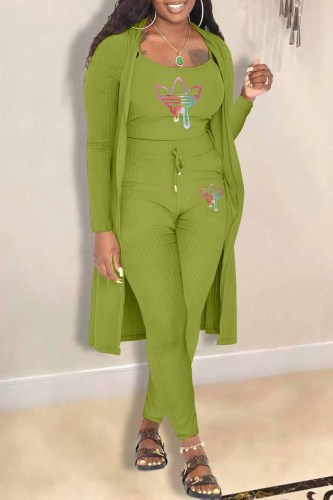 Green Casual Print Patchwork Long Sleeve Three Pieces