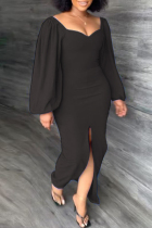 Black Casual Solid Patchwork Slit V Neck Long Sleeve Dresses