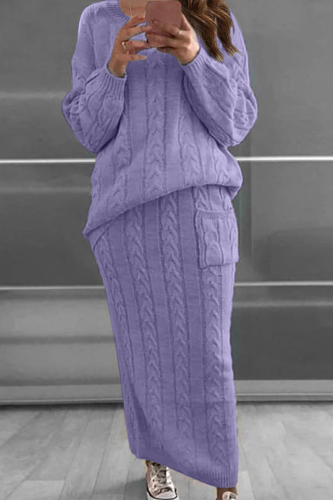 Purple Fashion Solid Patchwork O Neck Long Sleeve Two Pieces