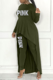 Army Green Casual Letter Print Asymmetrical O Neck Long Sleeve Two Pieces