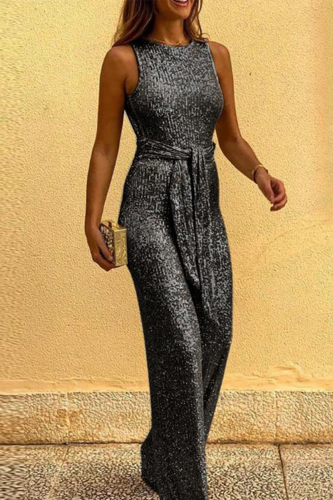 Black Elegant Solid Sequined With Belt O Neck Straight Jumpsuits