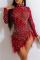 Burgundy Sexy Patchwork Hot Drilling See-through Feathers Beading Asymmetrical Half A Turtleneck Long Sleeve Dresses