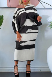 Black White Casual Print Patchwork V Neck Pencil Skirt Plus Size Dresses