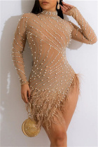 Apricot Sexy Patchwork Hot Drilling See-through Feathers Beading Asymmetrical Half A Turtleneck Long Sleeve Dresses