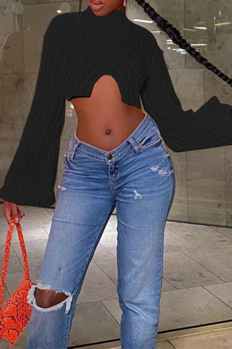 Black Street Solid Patchwork Half A Turtleneck Tops